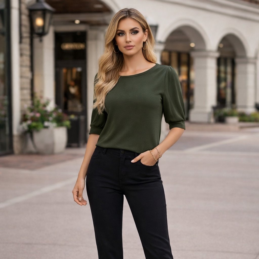 Olive Green H & M Short Sleeve Boat Neck Pullover Blouse Top Size Xsmall